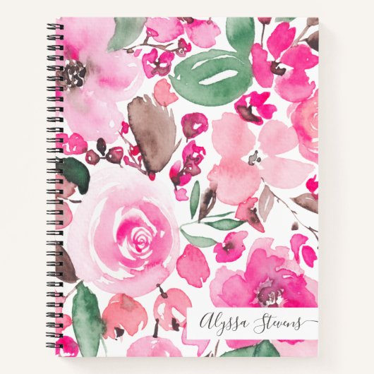 Carnet Boho rose fleurs motif aquarelle fleurie (Devant)
