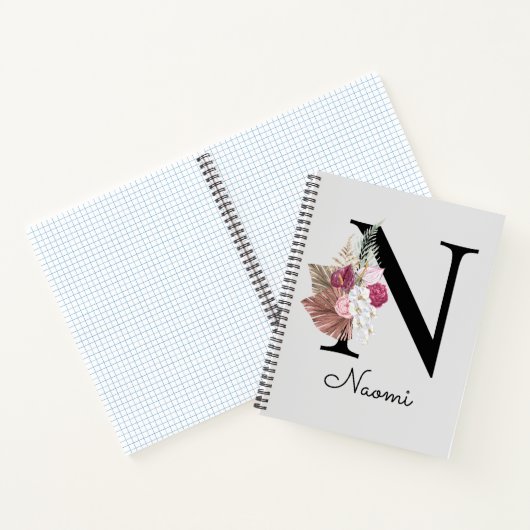 Carnet Boho rose monogramme Floral initial N (Intérieur)