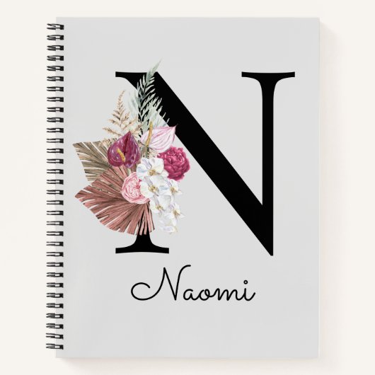 Carnet Boho rose monogramme Floral initial N (Devant)