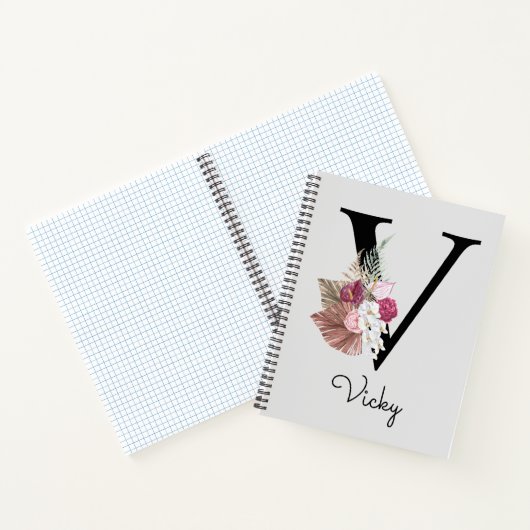 Carnet Boho rose monogramme Floral initial V (Intérieur)