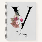 Carnet Boho rose monogramme Floral initial V (Devant)