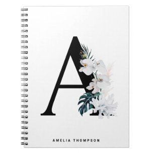 Carnet Boho White Orchidées Tropical Lettre A Monogramme