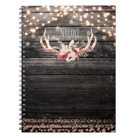 Carnet Bois rustique et lumières Floral Antlers Boho Chic (Devant)