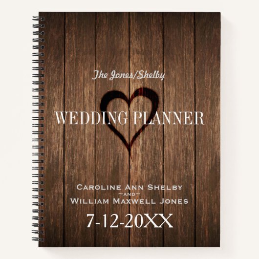 Carnet Bois rustique et Wedding planner cardiaque gravé (Devant)