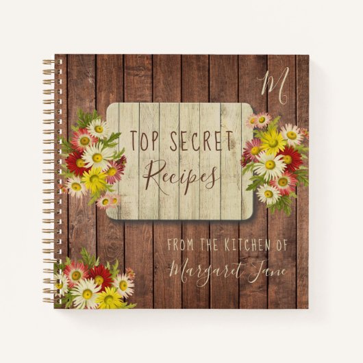 Carnet Bois rustique monogramme nom recette florale journ (Devant)
