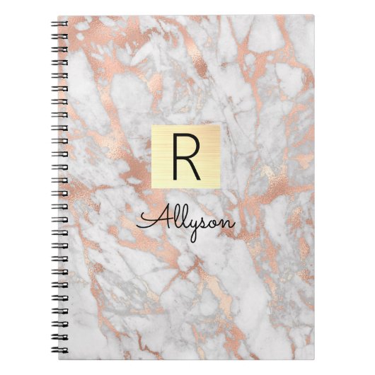 Carnet Boite en or marbre blanc et Rose, nom et monogramm (Devant)
