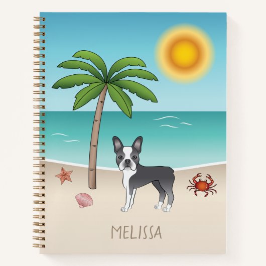 Carnet Boston Terrier Bleu sur une Plage Tropicale d'Été (Devant)