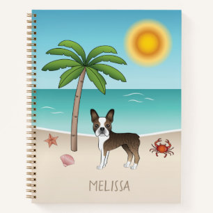 Carnet Boston Terrier bringé sur une plage tropicale esti