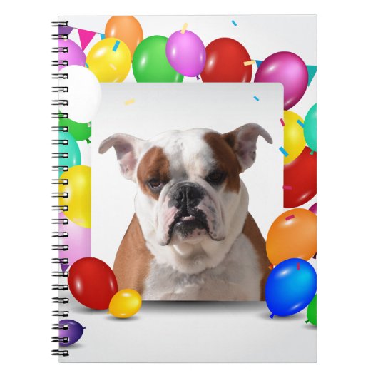 Carnet Bouledogue avec ballons colorés thème d'anniversai (Devant)
