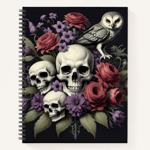 Carnet Bouquet gothique avec 3 crânes et un hibou