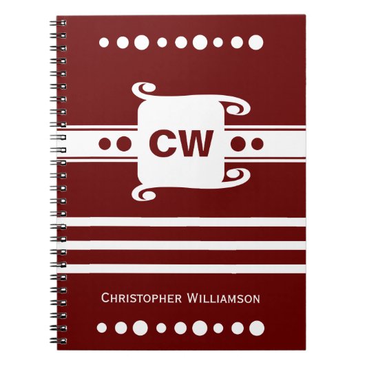 Carnet Bourgogne et blanc ajouter initiales nom strié (Devant)