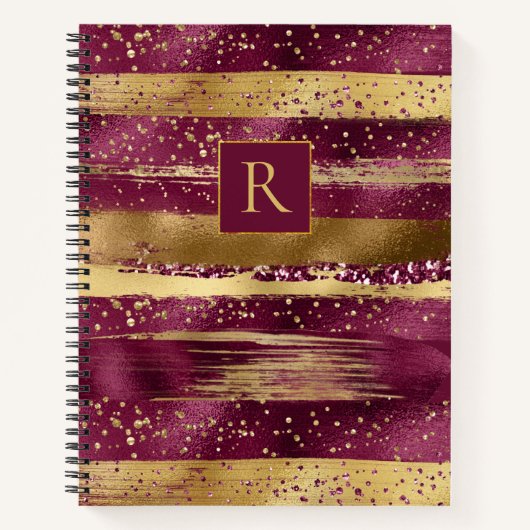 Carnet Bourgogne moderne, pinceaux dorés et monogramme (Devant)