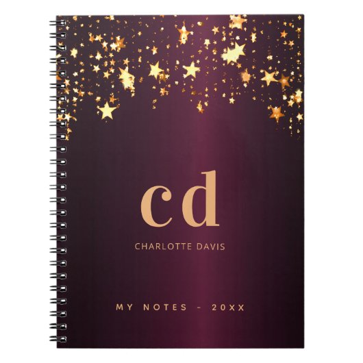 Carnet Bourgogne or étoiles monogramme initiales luxe (Devant)