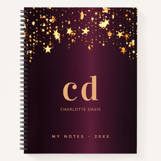 Carnet Bourgogne or étoiles monogramme nom élégant (Devant)