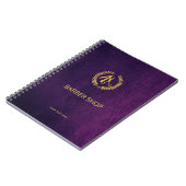 Carnet Boutique de barbier de luxe en cuir violet look or (Côté gauche)