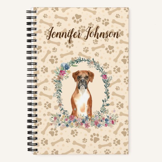 Carnet Boxer Chien Empreinte de patte & Floral Cute (Recto)