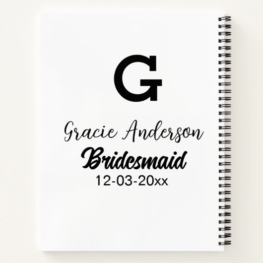 Carnet Bridesmaid ajouter nom monogramme simple minimal m (Dos)