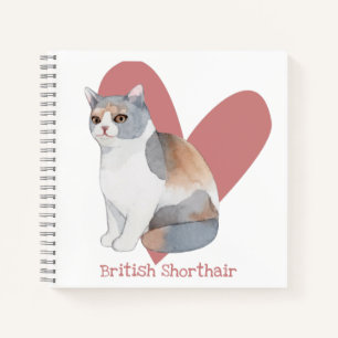 Carnet British Shorthair Chat Aquarelle Kitty Coeur rose