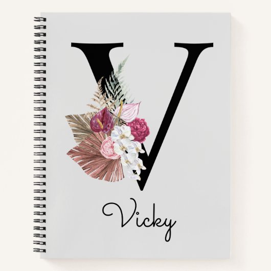 Carnet Broderie Rose Boho Floral Initiale V (Devant)