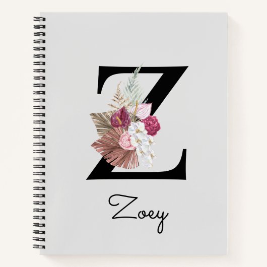 Carnet Broderie Rose Boho Floral Initiale Z (Devant)