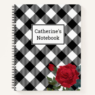 Carnet Buffle noir et blanc plaid Rose rouge personnalisa