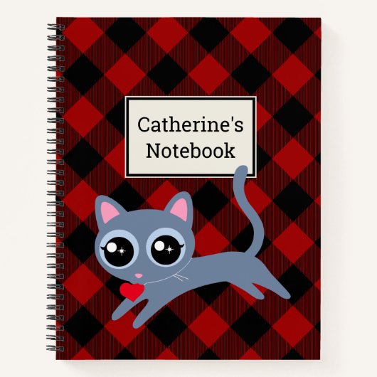 Carnet Buffle rouge personnalisable avec Kitty gris (Devant)