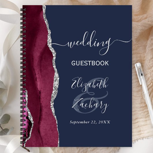 Carnet Burgundy Argent Agate Marine Blue Mariage Invité