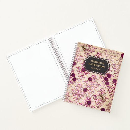 Carnet Burgundy Bee Damask Girly Chic Nom moderne (Intérieur)