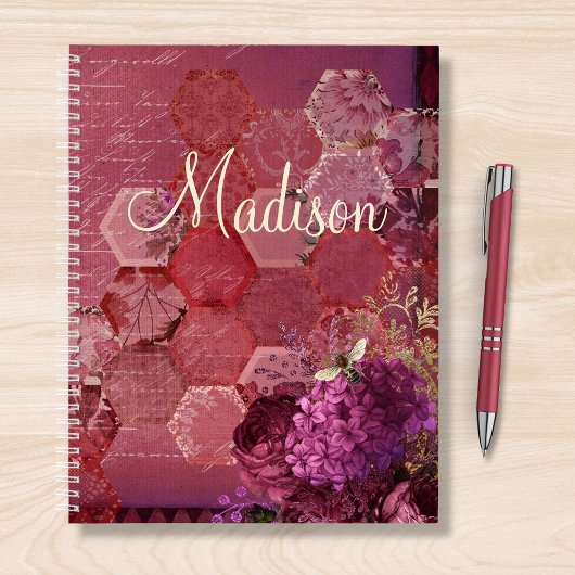 Carnet Burgundy Bee Floral Girly Chic Nom moderne
