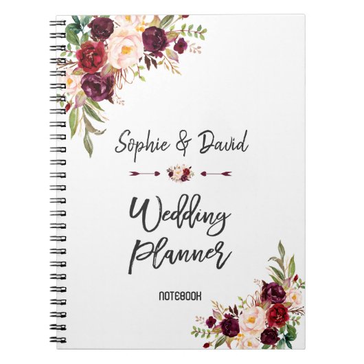 Carnet Burgundy Blush Floral Wedding planner écriture man (Devant)