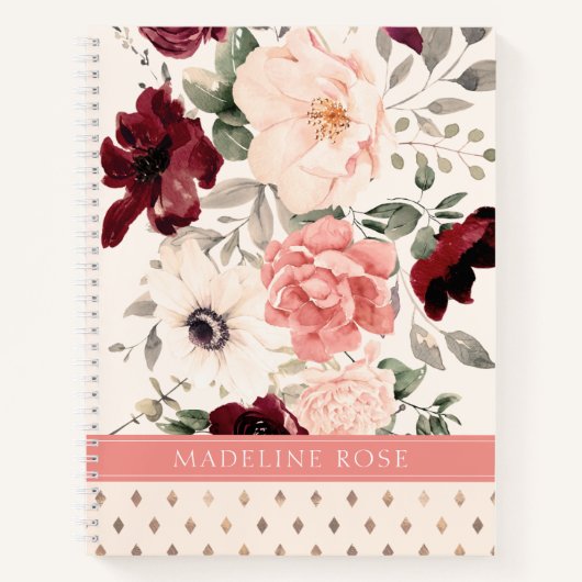 Carnet Burgundy Blush rose Floral Aquarelle Nom (Devant)