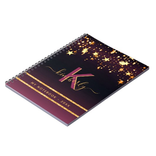 Carnet Burgundy étoiles or noir parties scintillant monog (Côté gauche)