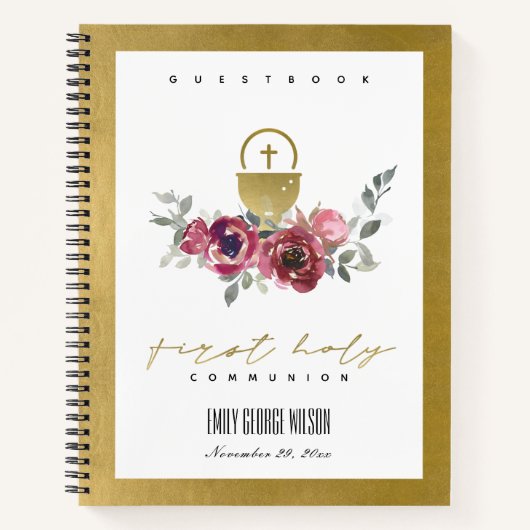 CARNET BURGUNDY GOLD FLORA PREMIER SAINT COMMUNION GUESTB (Devant)