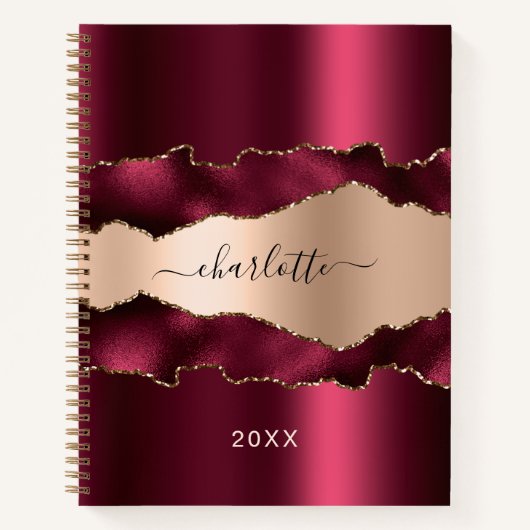 Carnet Burgundy rose or métal agate marbre nom script (Devant)