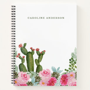Carnet Cactus aquarelle et Fleurs roses Personnalisées 