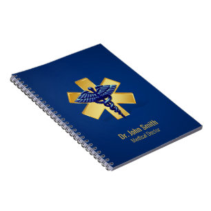 Carnet Caducée 3D médical bleu Croix d'or
