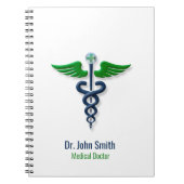 Carnet Caducée Médical Élégant Ailes Vertes Croix Bleue (Devant)