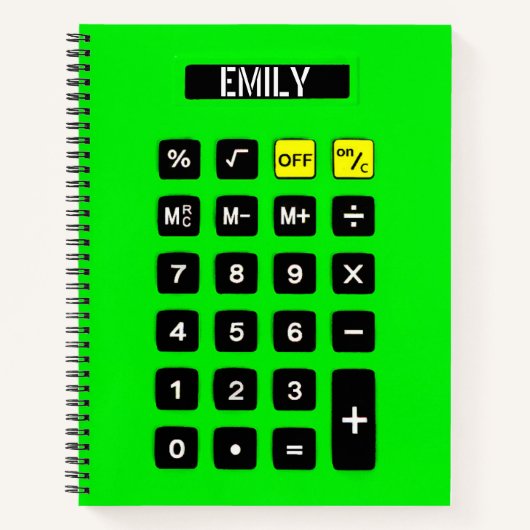 Carnet Calculatrice verte néon avec nom (Devant)