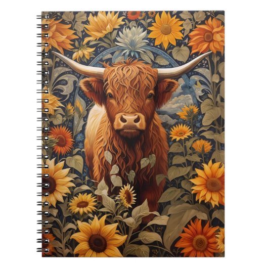 Carnet Campagne rustique Highland Cow Sunflowers (Devant)
