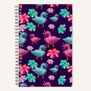 Carnet Canard mignon motif floral Kawaii rose bleu