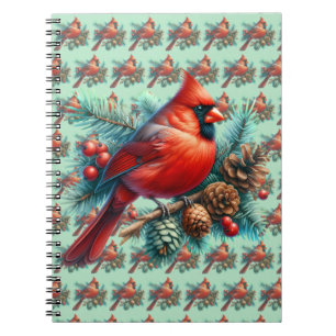 Carnet Cardinal sur la branche des pins avec les baies d'