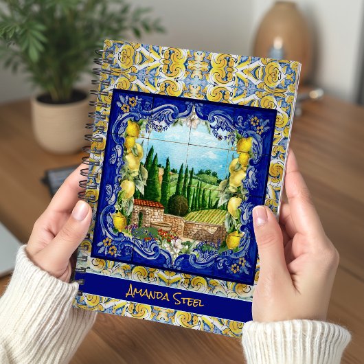 Carnet Carreau de majolique bleu d'été Monogramme Citron