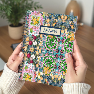 Carnet Carreau floral vibrant bleu rose Majolique sicilie