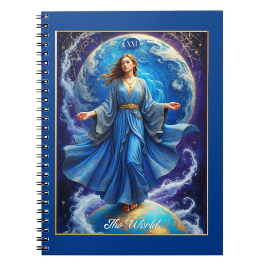 Carnet Carte de Tarot, le Monde, en Bleu Profond (Devant)