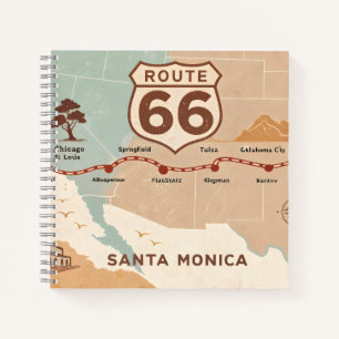 Carnet Carte vintage de la route 66 avec des villes histo