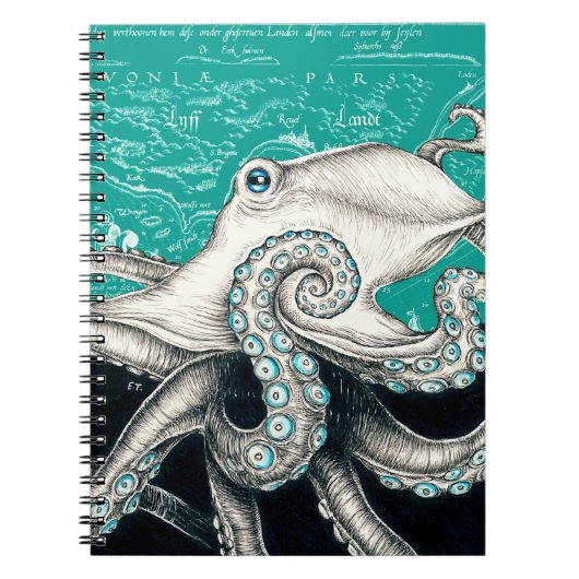 Carnet Carte Vintage Octopus blanc Turquoise (Devant)