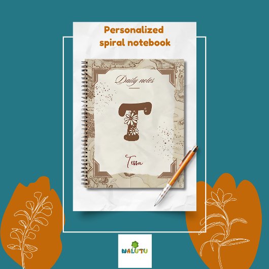 Carnet Carte vintage personnalisée avec T initial