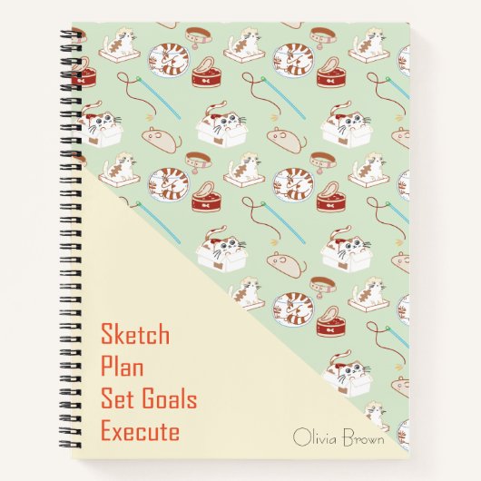 Carnet Ce Chat Vie Chat Motif Vert Beige avec le nom (Devant)