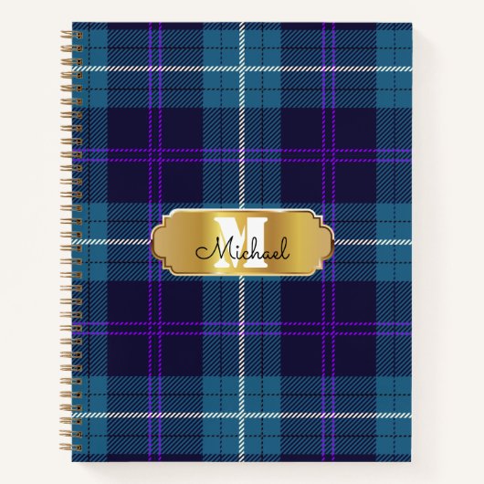Carnet Celadon bleu Plaid Tartan or Monogramme (Devant)