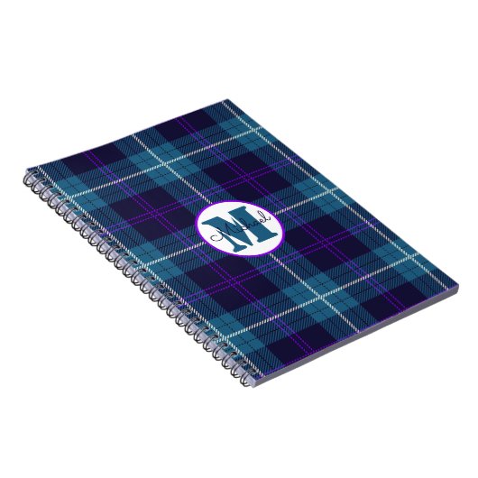 Carnet Celadon Blue Plaid Tartan Monogramme Nom du script (Côté Droit)